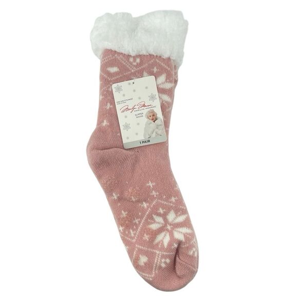 Marilyn Monroe Sherpa Lined Slipper Socks Pink Snowflake No-Slip Grip Bottom NWT - Picture 8 of 8